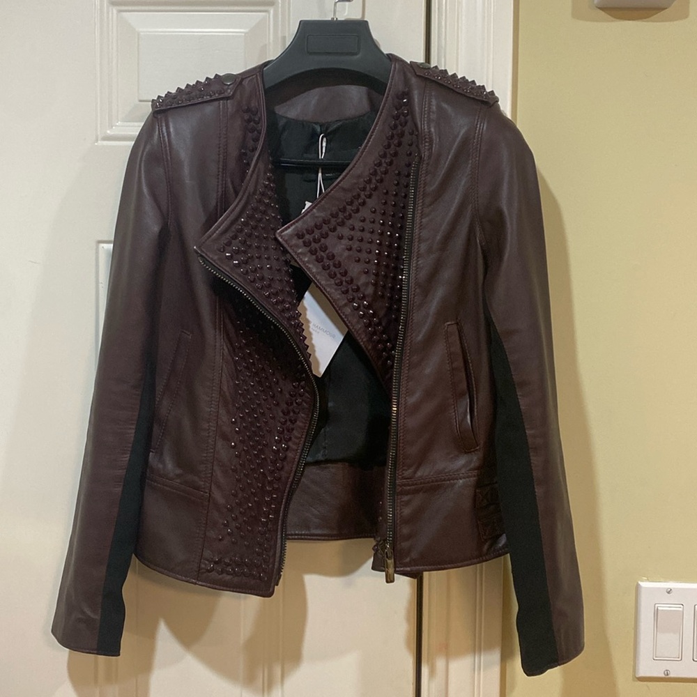New with Tag Designer Nour Hammour Burgundy Studded Erin Leather Jacket - Picture 5 of 17